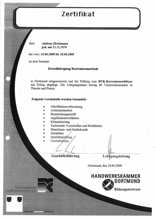 Zertifikat "Grundlehrgang Korrosionsschutz"