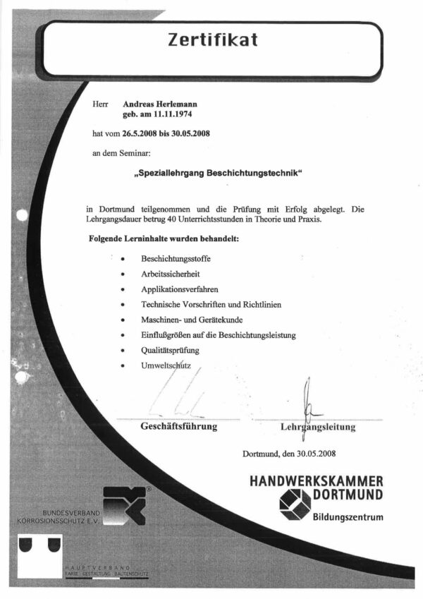 Zertifikat "Speziallehrgang Beschichtungstechnik"