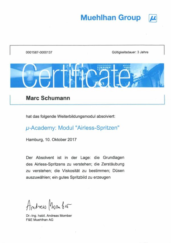 Zertifikat "µ-Academy: Modul Airless-Spritzen"